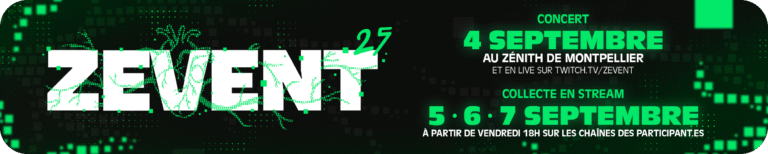 Affiche officielle du Z Event 2025 avec le programme, le concert du 4 septembre au Zénith de Montpellier et les streamers Zevent 2025 en direct sur Twitch.